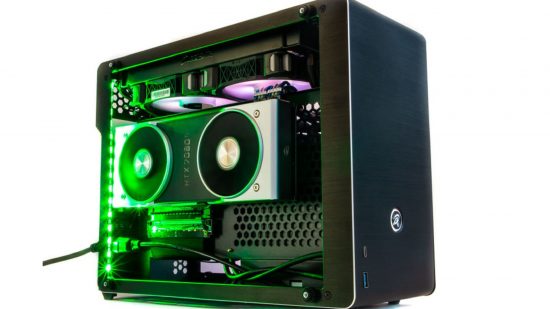 PC gaming case showing vertically mounted GPU