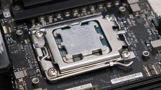 Thermal paste applied to an AMD Socket AM5 CPU