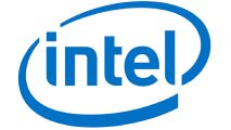 Intel logo in blue on white background