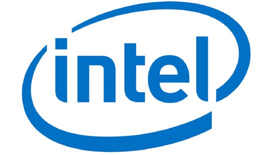 Intel logo in blue on white background