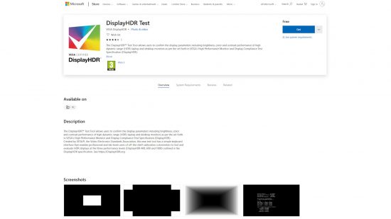 A screenshot of the Microsoft Store, for the 'DisplayHDR Test' app