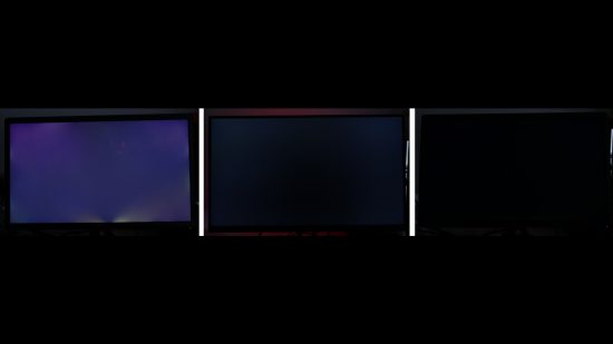 Three LCD gaming monitors showing various kinds of light bleeding