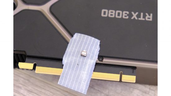 An RTX 3080 GPU with duct tape removed