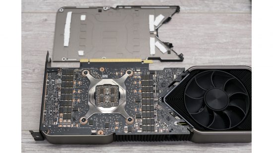 An RTX 3080 with its backplate removed