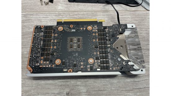An RTX 3080 PCB installed onto a waterblock