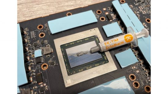 Thermal paste being applied to a AMD Radeon RX 6800 XT GPU