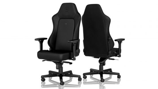 The Noblechairs Hero Black Edition gaming chair front (left) and rear (right)
