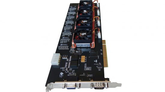 A shot of the recreated 3dfx Voodoo 5 6000 GPU, showing its VGA display inputs 