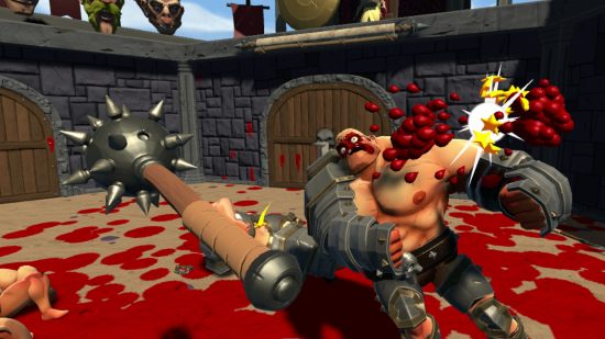 A screenshot from Gorn, in which an enemy gets smacked with a mace