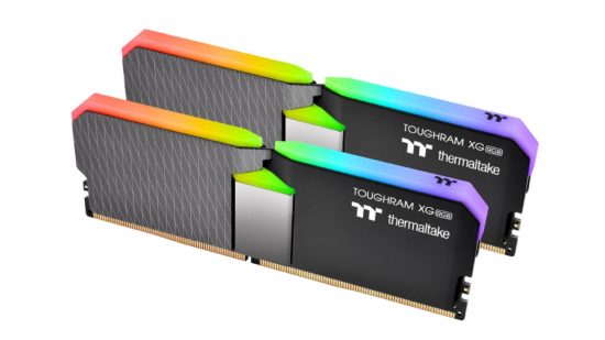 Two sticks of Thermaltake gaming RAM modules on white background