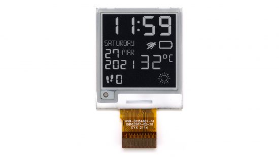 The e-paper display found in the SQFMI Watchy Smartwatch, with its ribbon cable exposed