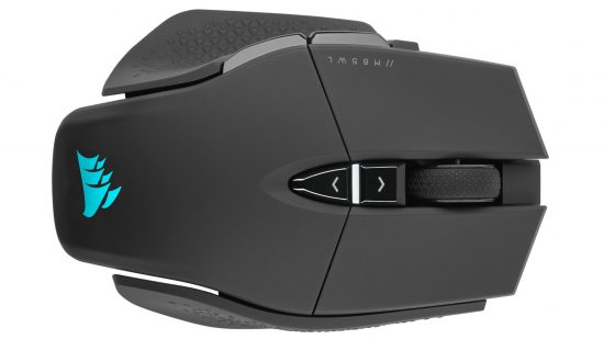 A top down view of the Corsair M65 RGB Ultra Wireless gaming mouse