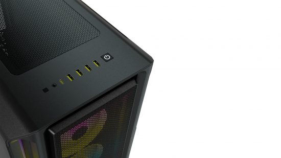 A top down view of the The Corsair iCue 5000T RGB PC case, showing its USB ports