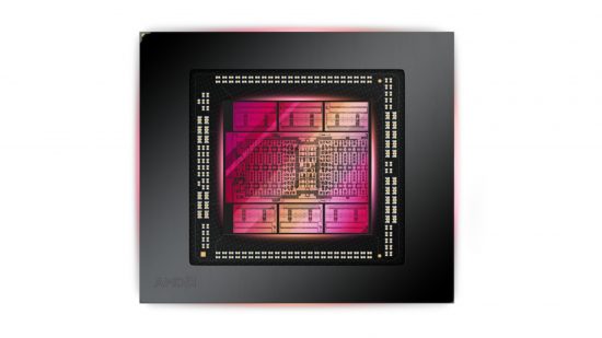 The AMD RDNA 3 GPU die, with its GCD (graphics compute die) and six cache chips illuminated in pink
