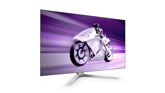 A white Philips Evnia gaming monitor stands against a white background, with a white motor cycle rider on its display against a purple hue
