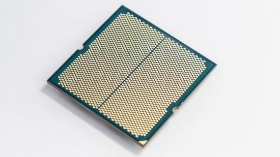 Angled view of AMD Ryzen 5 7600X CPU underside