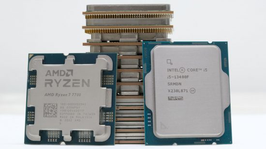 A stack of AMD and Intel CPUs