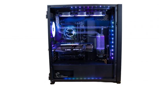 A side view of the CyberPower Hydro-X Infinity RTX gaming PC, showcasing its glass panel and internal components