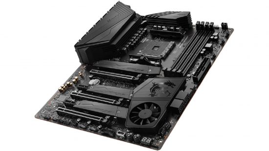 Brutal looking black motherboard on white background
