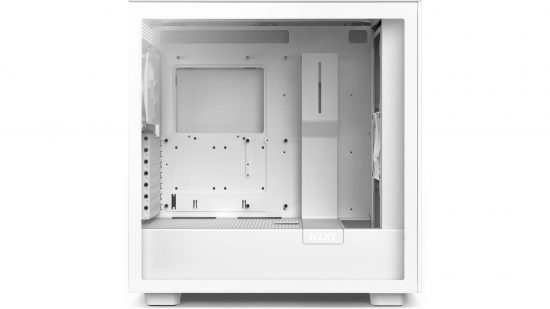 A side view of the NZXT H7 Flow, with its panel open exposing its interior