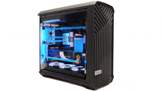 A gaming PC with water cooling tubes