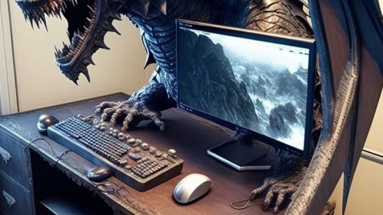 An enormous dragon sculpture sitting on a gaming PC setup