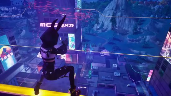Best online games: Fortnite. Image shows a character shooting at another from rails in a city at night.