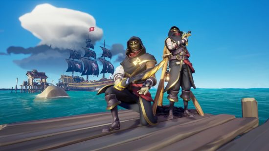 Best online games: Sea of Thieves. Image shows two pirates standing on a pier with their ship in the background.