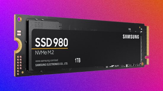 The Samsung SSD 980 is on a purple background and described as one of the best gaming SSDs