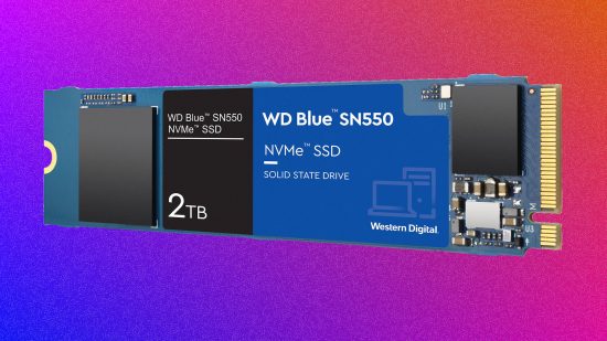 The WD Blue SN550 on a pruple background is one of the best budget SSDs for gaming