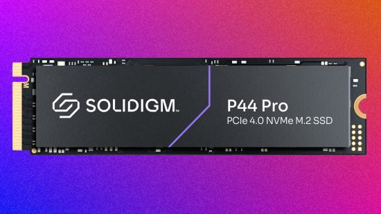 The Solidigm P44 Pro is one of the best SSDs for gaming and here you can see it on a purple background