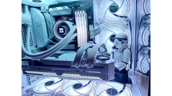 Gaming PC with a white paint and lighting scheme includes a white stormtrooper GPU holder