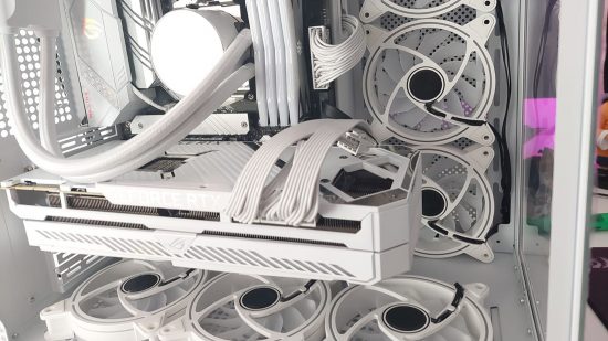 Gaming PC with a white paint and lighting scheme includes a white stormtrooper GPU holder