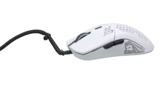 Glorioug Gaming Model O mouse with cable lifted up by cable ties
