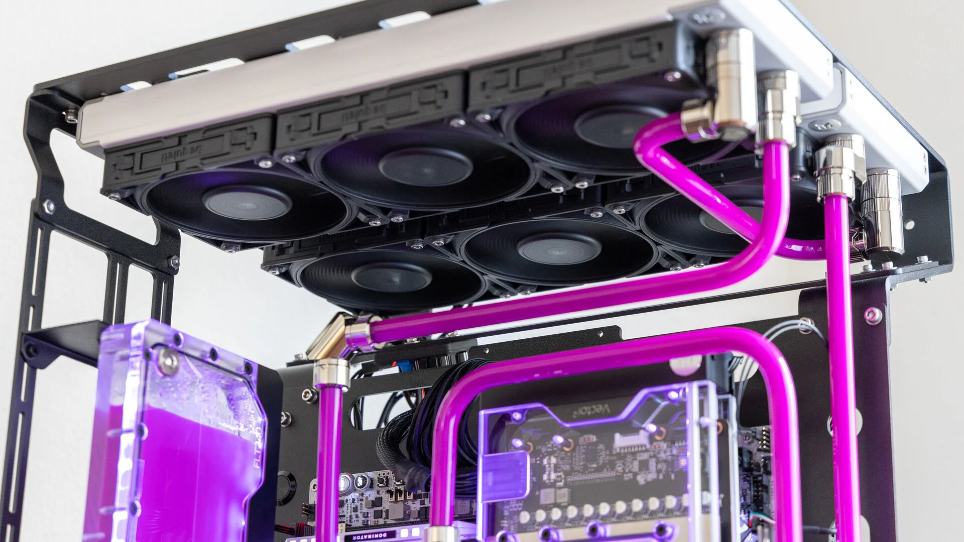 Pink open-air water-cooled PC