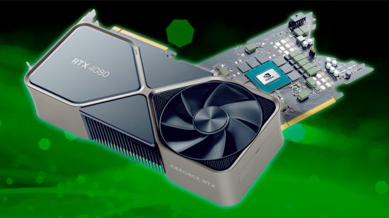 How Nvidia Ada architecture works: GeForce RTX 4080 and bare PCB on green background.