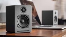 Audioengine A1 speakers on desk