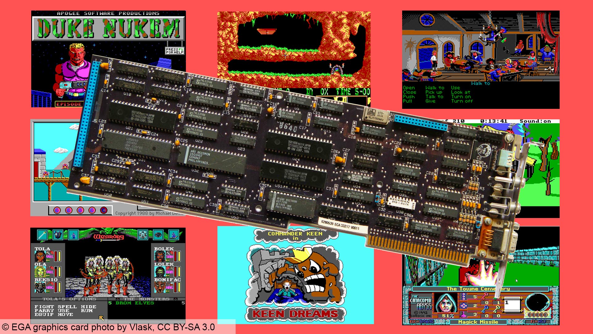 EGA graphics: Original IBM EGa graphics card with game screenshots