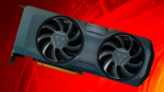 AMD Radeon RX 7700 XT graphics card on red background