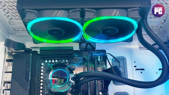 Antec Vortex 240 ARGB in PC with blue and green lighting