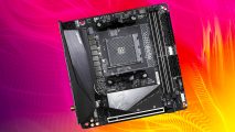 Gigabyte B550I Aorus Pro AX review: Gigabyte B550I Aorus Pro AX motherboard on magenta and orange background