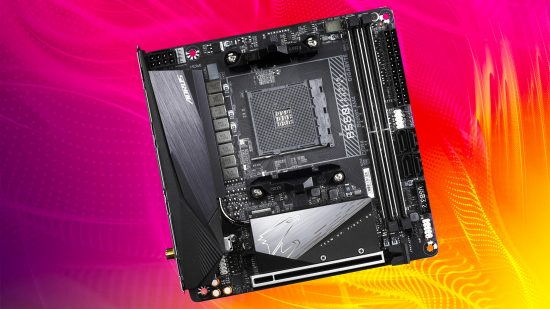 Gigabyte B550I Aorus Pro AX review: Gigabyte B550I Aorus Pro AX motherboard on magenta and orange background