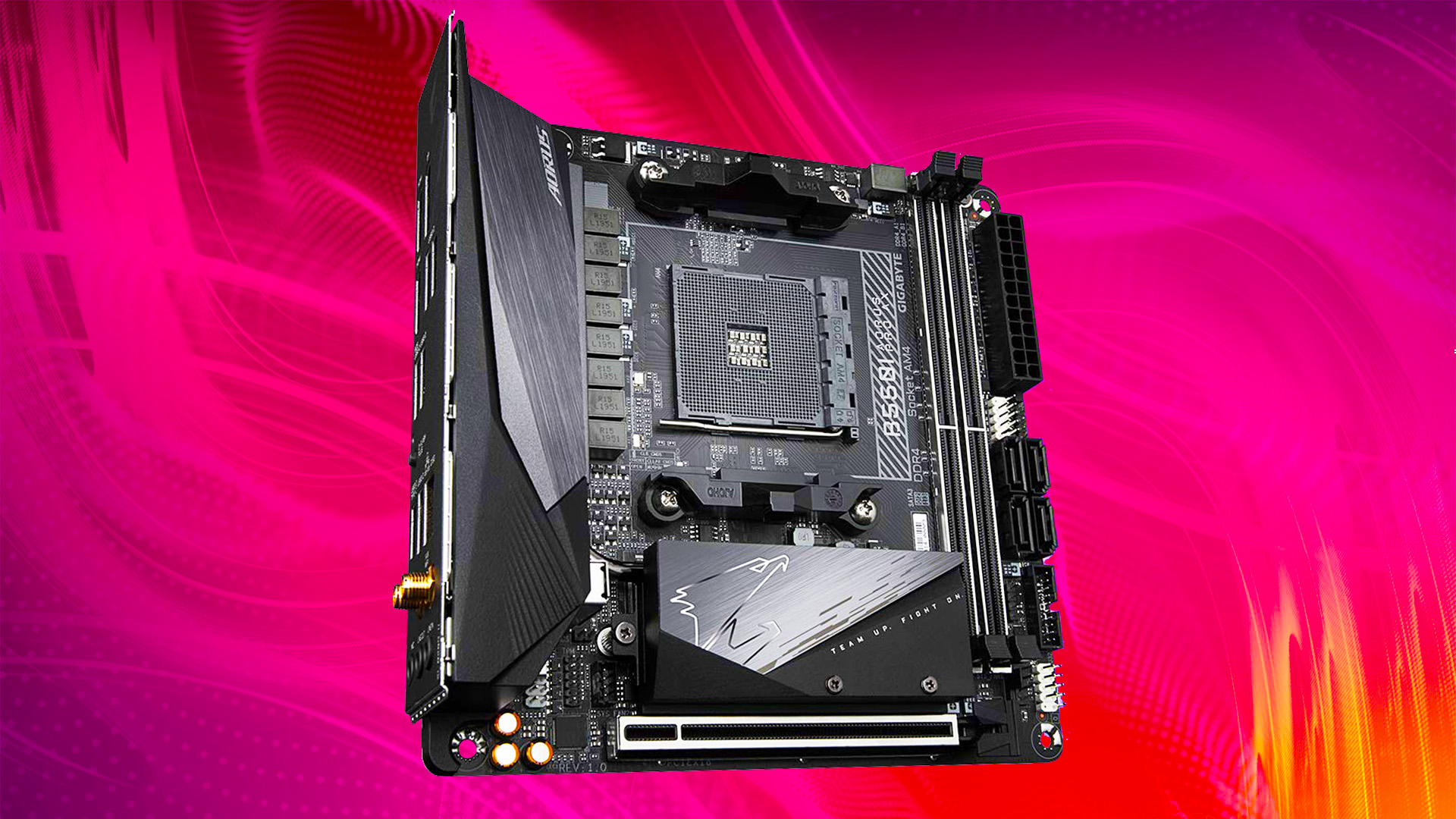 Gigabyte B550I Aorus Pro AX review: Gigabyte B550I Aorus Pro AX motherboard on magenta and background