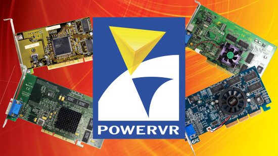 PowerVR logo surrounded by PowerVR graphics cards