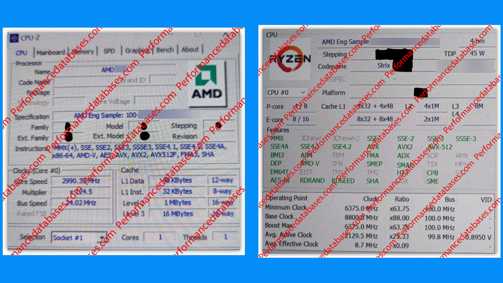 AMD Zen 5 leak shows p-cores and e-cores: CPU-Z and HWiNFO screenshots showing a Zen 5 Strix Point CPU