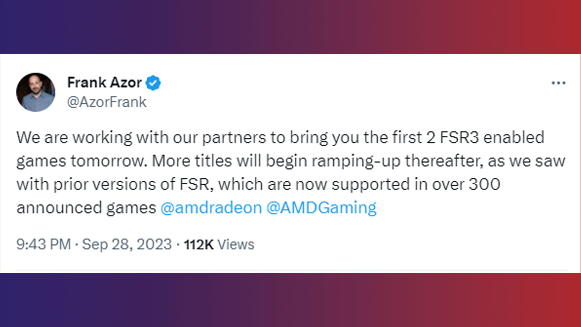 AMD FSR 3 announcement tweet Frank Azor