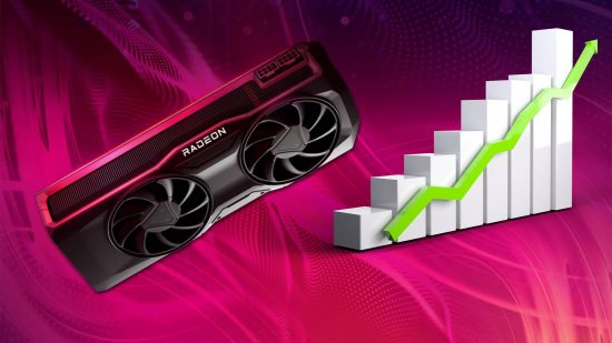 AMD Radeon RX 7800 XT official benchmark leak: an RX 7800 XT appears next to an upward-pointing graph above a swirling magenta background.
