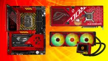 Asus ROG Neon Genesis Evangelion motherboard, graphics card, and AIO cooler