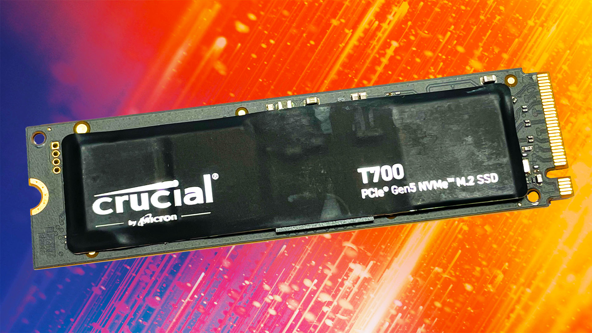 Crucial T700 review: 2 TB Crucial T700 SSD on blue and orange background