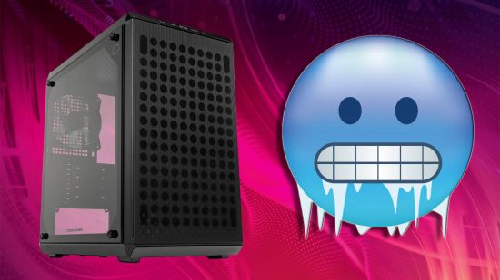 Cooler Master Q300L V2 mATX case: a PC case appears next to a freezing face emoji on a swirling, magenta background.
